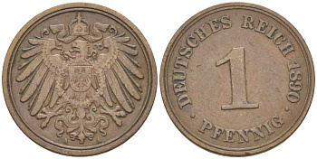 ГЕРМАНИЯ 1 ПФЕННИГ 1890 A KM 10, J. 10, Weege 2 медь 211-723