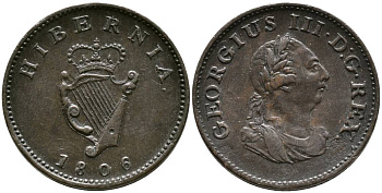 ИРЛАНДИЯ 1 ФАРТИНГ 1806 ГЕОРГ III (1760-1820) KM 146 медь 272-1532