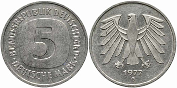 ФРГ 5 МАРОК 1977 G KM 141, J. 415 медно-никель плакированный никелем 111-324
