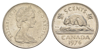 Канада 5 центов 1976 Елизавета II (1952-2022), бобр KM 60.1 никель 4630-724