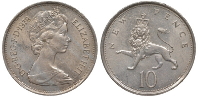 Великобритания 10 пенсов 1979 Елизавета II (1952-2022) KM 912, Spink 4231 (F1) медно-никель 4131-344