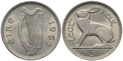 Ирландия 3 пенса 1963 заяц KM 12a медно-никель 4164-463