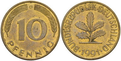 ФРГ 10 пфеннигов 1991 D KM 108, J. 383 сталь плакированная латунью 4175-827