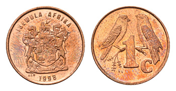 ЮАР 1 цент 1998 герб, капские воробьи KM 170 сталь плакированная медью UNC 4694-229