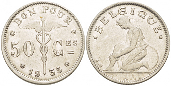 БЕЛЬГИЯ 50 САНТИМОВ 1933 BELGIQUE KM 87 никель 3996-1232