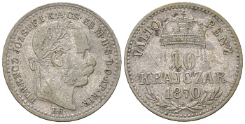 Венгрия 10 крейцеров 1870 KB, Франц Иосиф I (1848-1916) KM 451 серебро 4549-417