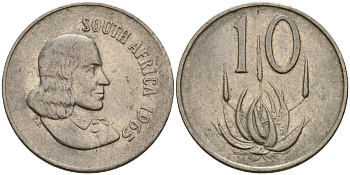 ЮАР 10 центов 1965 SOUTH-AFRICA, Ян Ван Рибек (1619-1677), нидерландский исследователь, мореплаватель, основатель Кейптауна, райский журавль, английская легенда KM 68.1 никель 4156-933