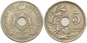 БЕЛЬГИЯ 5 САНТИМОВ 1927 BELGIQUE KM 66 медно-никель 112-244
