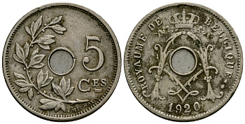 Бельгия 5 сантимов 1920 Belgique KM 66 медно-никель 4173-455