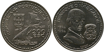 Португалия 200 эскудо 1994 INCM, 600 лет со дня рождения Генриха Мореплавателя KM 670 медно-никель aUNC 00-00