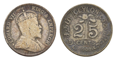 Цейлон 25 центов 1908 Эдуард VII (1901-1910) KM 98 серебро 4655-638