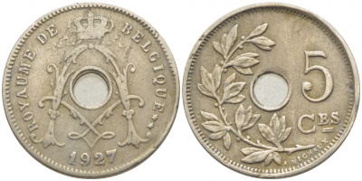 БЕЛЬГИЯ 5 САНТИМОВ 1927 BELGIQUE KM 66 медно-никель 112-244