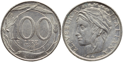 ИТАЛИЯ 100 ЛИР 1998 R KM 159 медно-никель 4397-541