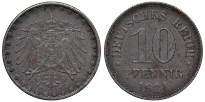 Германия 10 пфеннигов 1921 A KM 20, J. 298 железо 4119-143