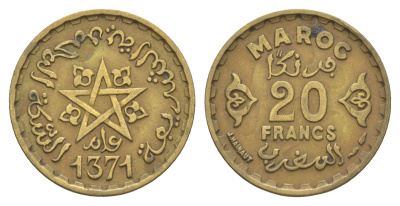 Марокко 20 франков 1952 AH 1371, Мухаммед V (1927-1953) Y 50 алюминиевая бронза 4159-1242