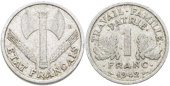 ФРАНЦИЯ 1 ФРАНК 1942 LB, ТИП LOURDЕ, ПРАВИТЕЛЬСТВО ВИШИ KM 902.1, LE FRANC 222.2 алюминий 202-441