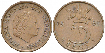 Нидерланды 5 центов 1980 Юлиана (1948-1980) KM 181 бронза 214-258