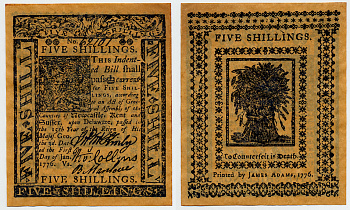США 5 ШИЛЛИНГОВ 1776 РЕПЛИКА, БРИТАНСКИЕ СЕВЕРО-АМЕРИКАНСКИЕ КОЛОНИИ, ДЕЛАВЭР бумага 6317-22-3-2