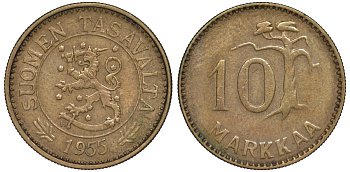 ФИНЛЯНДИЯ 10 МАРОК 1955 H KM 38 алюминиевая бронза XF 3334-1014