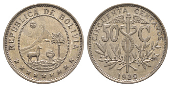 Боливия 50 сентаво 1939 кадуцей, лама, горы, солнце KM 182 медно-никель aUNC 4653-542