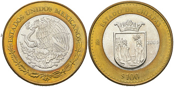 Мексика 100 песо 2005 180 лет Федерации - Чьяпас KM 712 биметалл, серебро BU 00-1067-8-43