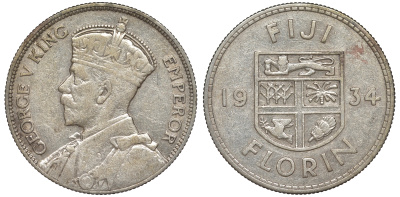 Фиджи 1 флорин 1934 Георг V (1910-1936), герб Фиджи KM 5 серебро    91-1116