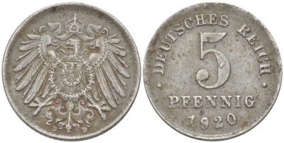 ГЕРМАНИЯ 5 ПФЕННИГОВ 1920 D KM 19, J. 297, Weege 5 железо 206-727