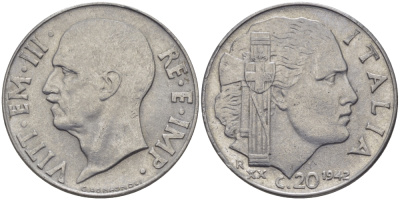 ИТАЛИЯ 20 ЧЕНТЕЗИМО 1942 R, XX ГОД, ВИКТОР ИМАНУИЛ III, МАГНИТНАЯ KM 75b нержавеющая сталь 28-121