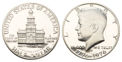 США 1/2 доллара (50 центов) 1976 S, 200 лет независимости, Джон Кеннеди KM 205a серебро PROOF 1526-743