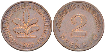 ФРГ 2 ПФЕННИГА 1974 D KM 106а, J. 381а сталь плакированная сталь плакированная медьюю 4181-811