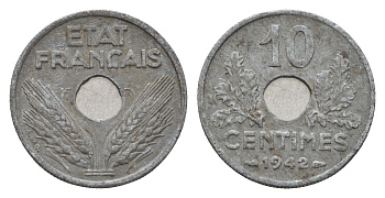 Франция 10 сантимов 1942 KM 898 цинк 4613-241