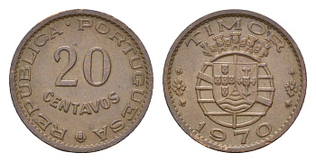 Португальский Тимор 20 сентаво 1970 год-тип KM 17 бронза aUNC 4669-733