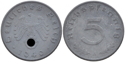ГЕРМАНИЯ 5 РЕЙХСПФЕННИГОВ 1940 A, KM 100, J. 370 цинк 3309-831