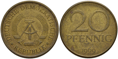 ГДР 20 пфеннигов 1969 A, первый год KM 11 латунь 92-1156
