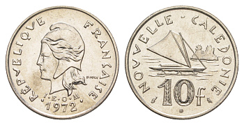 Французская Новая Каледония 10 франков 1972 лодка KM 11 никель UNC 4641-155