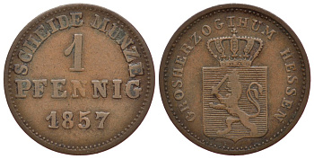 Гессен-Дармштадт 1 пфенниг 1857 KM 337, Jaeger 55 AKS 131 медь 187-311