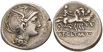 Римская Республика денарий 111-110 гг. до н.э. монетарии А. Клавдий Пульхер, Т. Малолей И Кв. Урбин, голова Ромы в крылатом шлеме / Виктория в триге, AP CL T MAL Q VR, Рим Cr. 299/1a, Syd. 570 серебро 1073-19-84