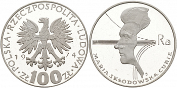 Польша 100 злотых 1974 MW, 40 лет со дня смерти Марии Склодовской-Кюри (1867-1934) KM 71, Parchimowicz 270 серебро PROOF 1087-8-63