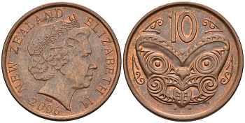Новая Зеландия 10 центов 2006 Елизавета II (1952-2022), маска маори KM 117а сталь плакированная медью 113-341