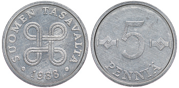ФИНЛЯНДИЯ 5 ПЕННИ 1988 KM 45а алюминий UNC 3334-1115