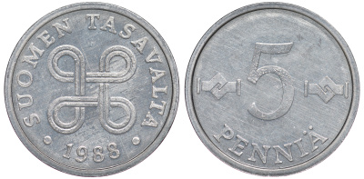 ФИНЛЯНДИЯ 5 ПЕННИ 1988 KM 45а алюминий UNC 3334-1115