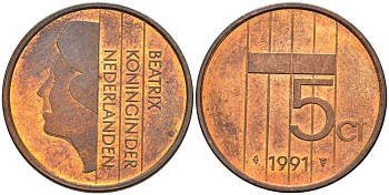 Нидерланды 5 центов 1991 Беатрикс (1980-2013) KM 202 бронза 4573-426