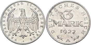 Германия 3 марки 1922 A, третья годовщина Веймарской Конституции KM 29, J.303 алюминий 4587-336
