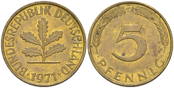 ФРГ 5 пфеннигов 1971 G KM 107, J. 382 сталь плакированная латунью 4514-732
