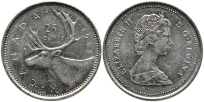 Канада 25 центов 1988 Елизавета II (1952-2022), олень KM 74 никель 4543-751