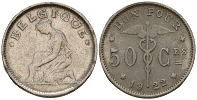 Бельгия 50 сантимов 1922 Belgique, Альберт I (1910-1934) KM 87 никель 67-1131