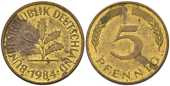 ФРГ 5 ПФЕННИГОВ 1984 J KM 107, J. 382 сталь плакированная латунью 75-514