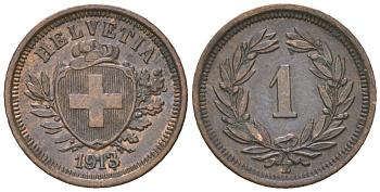 Швейцария 1 раппен 1913 B KM 3 бронза aUNC 4532-664