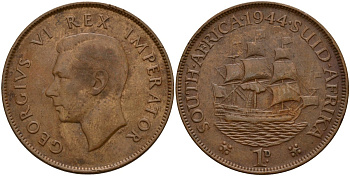 ЮАР 1 пенни 1944 Георг VI (1937-1952) KM 25 бронза 69-336