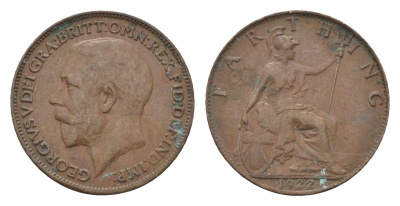 Великобритания 1 фартинг 1922 Георг V (1910-1936) KM 808.2, Spink 4060 бронза 4664-253